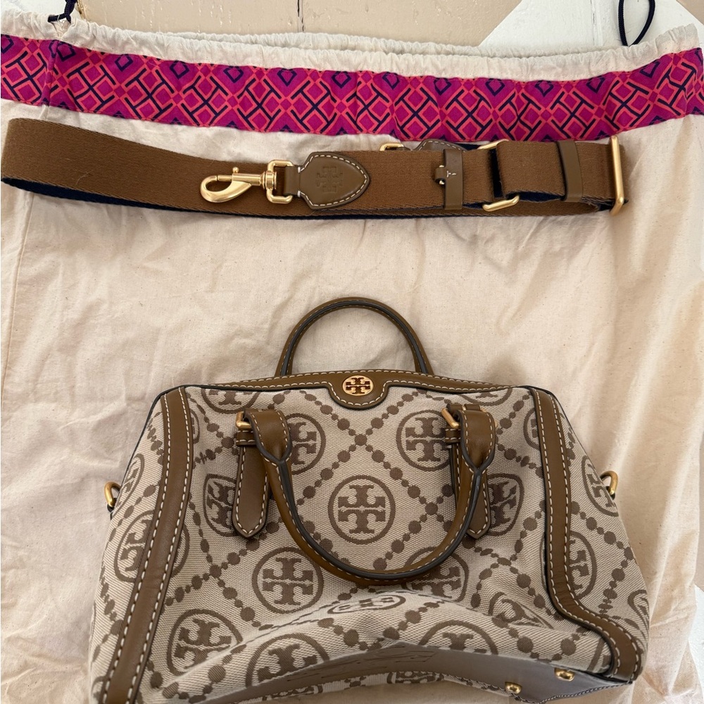 Tory Burch Beige Interior Tote with Gold Tone Logo Plaque